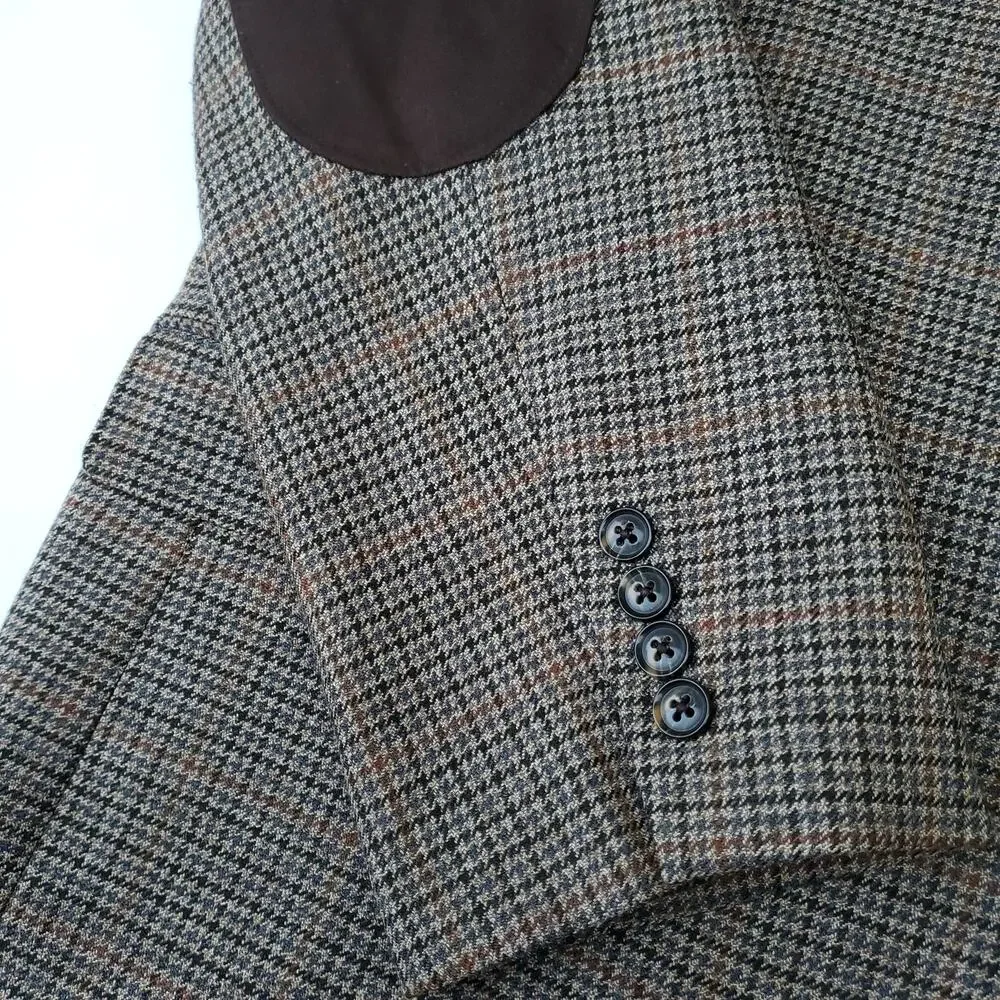 Saddlebred Blazer Sport Coat Academia Wool Blend Elbow Patch Houndstooth 48R